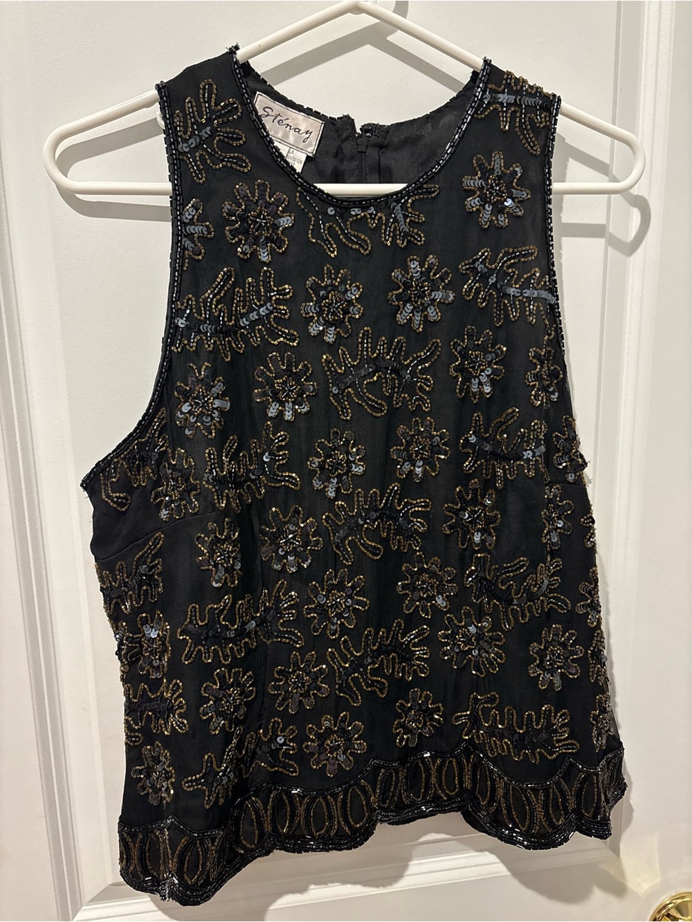 Vintage 90s Stenay 100% Silk Black Sleeveless Blouse Gold Metallic Beaded Sequin